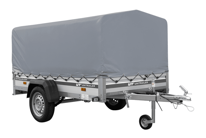 Enkelassige aanhanger op veren met aluminium zijwanden 230x125 Unitrailer Garden 230/R KIPP ALU met H-800 frame en grijze afdekking