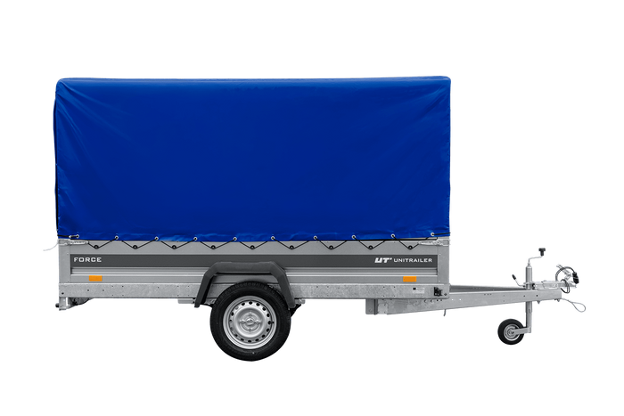 Enkelassige aanhanger op veren 264x125 UNITRAILER FORCE 264/R KIPP met H-1100 frame en blauwe afdekking