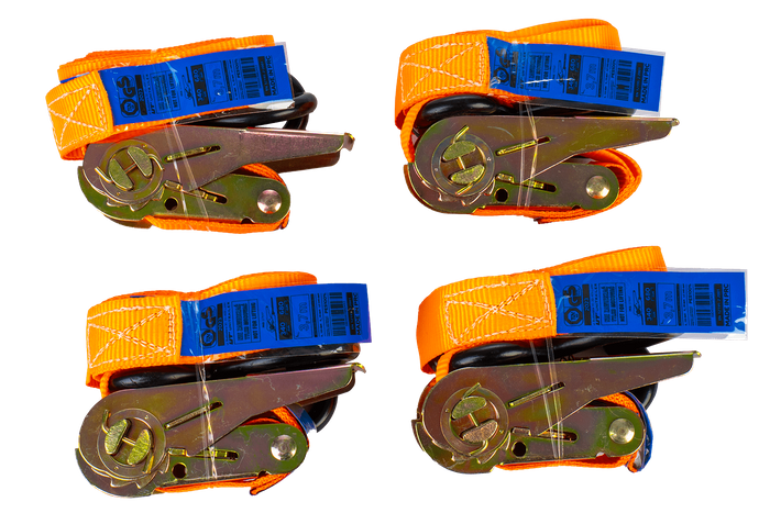 Set van vier UNITRAILER 4m/25mm/0.68t oranje transportbanden met spaninrichting in een koffer.