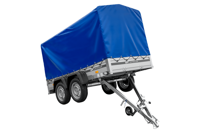 Tweeassige aanhanger met aluminium zijwanden 264x125 Unitrailer Garden 264/2 KIPP ALU met frame H-1100 en blauwe afdekking