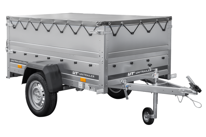 Enkelassige aanhanger 200x106 UNITRAILER GARDEN 200 KIPP met BIS-zijwanden, H-0 frame en grijze afdekking