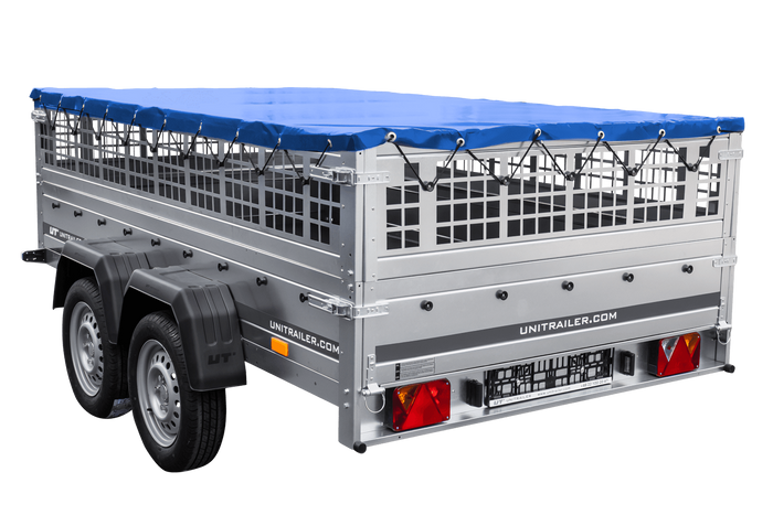 Lichte aanhanger 264x150 UNITRAILER GARDEN 265/2 KIPP met gaaswanden, H-0 frame en blauwe hoes