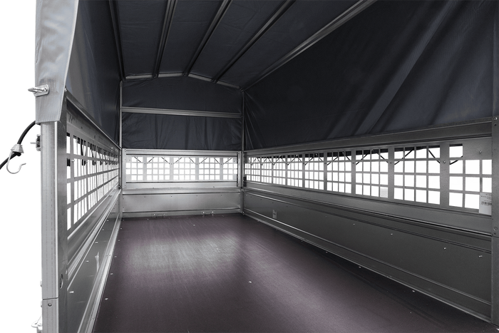 Autoaanhanger 264x125 UNITRAILER GARDEN 264 KIPP met gaaswanden, H-800 frame en grijze kap