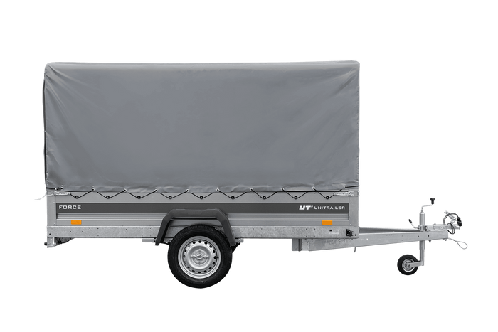 Enkelassige aanhanger op veren 264x125 UNITRAILER FORCE 264/R KIPP met H-1100 frame en grijze afdekking