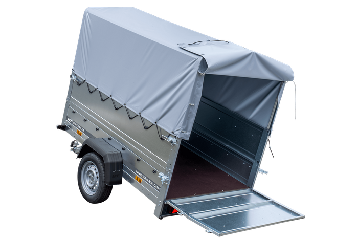Opvouwbare aanhanger Garden Trailer 201 Unitrailer met opzetborden en huifzeil 200×125 MTM 750 kg