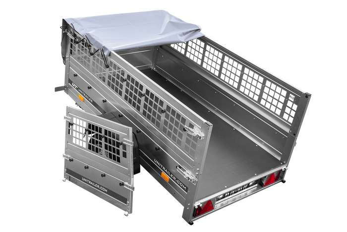 Enkelassige aanhanger 200x106 UNITRAILER GARDEN 200 KIPP met gaaswanden en grijs dekzeil