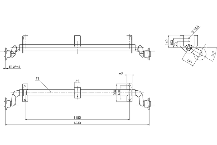 AL-KO OPTIMA ongeremde as voor 750kg aanhangwagen 1180mm 1630mm 4x100