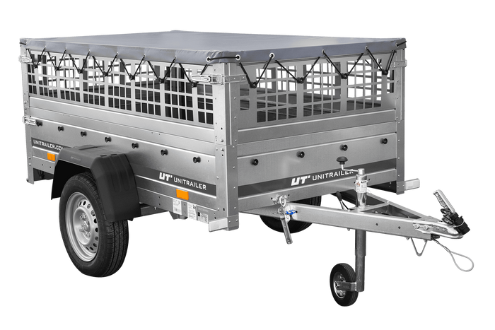Enkelassige aanhanger 200x106 UNITRAILER GARDEN 200 KIPP met gaaswanden en grijs dekzeil