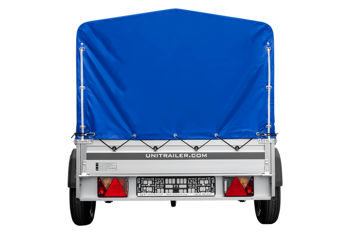 Autoaanhanger op veren met aluminium zijwanden 200x125 Unitrailer Garden 201/R KIPP ALU met H-800 frame en blauwe afdekking