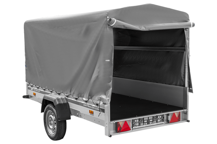 Autoaanhanger met aluminium zijwanden 264x125 Unitrailer Garden 264 KIPP ALU met H-1100 frame en grijze afdekking