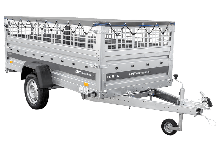 Enkelassige aanhanger 264x125 UNITRAILER FORCE 264 KIPP met gaaswanden, H-0 frame en grijze afdekking