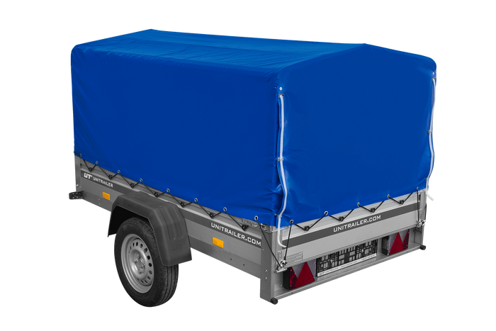 Enkelassige aanhanger met aluminium zijwanden 200x125 Unitrailer Garden 201 KIPP ALU met H-800 frame en blauwe afdekking