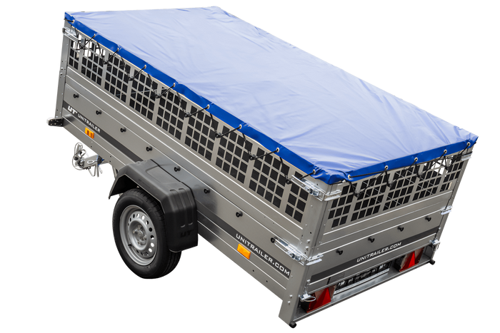 Autoaanhanger 230x125 UNITRAILER GARDEN 230 KIPP met gaaswanden en blauw dekzeil