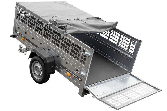 Autoaanhanger 230x125 UNITRAILER GARDEN 230 KIPP met gaaswanden en grijze afdekking