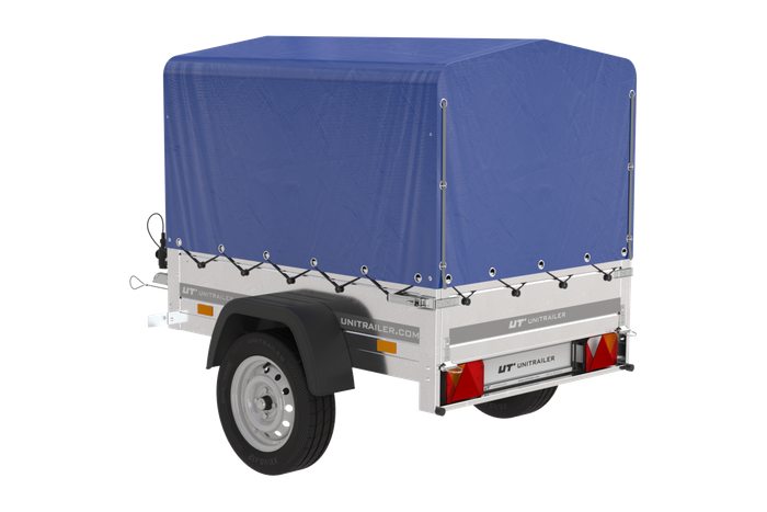 Lichte aanhangwagen Garden Trailer 150 KIPP met afmeting van 150x106 met blauwe zeil en huif MTM 750 KG 