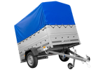 Enkelassige aanhanger 200x125 UNITRAILER GARDEN 201 KIPP met BIS-zijwanden, H-800 frame en blauwe afdekking