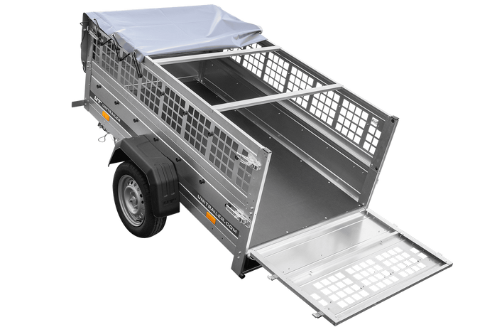 Enkelassige aanhanger 200x106 UNITRAILER GARDEN 200 KIPP met gaaswanden, H-0 frame en grijze afdekking
