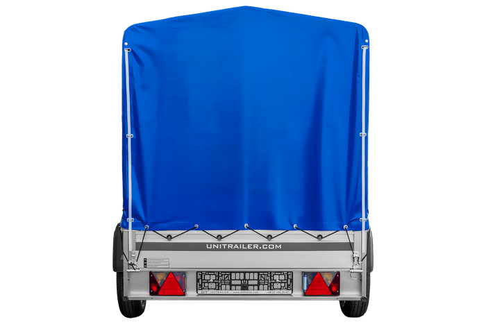 Autoaanhanger met aluminium zijwanden 230x125 Unitrailer Garden 230 KIPP ALU met H1100 frame en blauwe afdekking