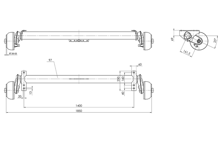 AL-KO COMPACT geremde as voor 1350kg aanhanger/takelwagen 1400mm 1850mm 5x112