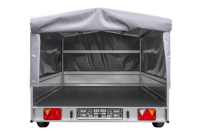 Enkelassige aanhanger op veren 264x150 UNITRAILER GARDEN 265/R KIPP met H-800 frame en grijze afdekking