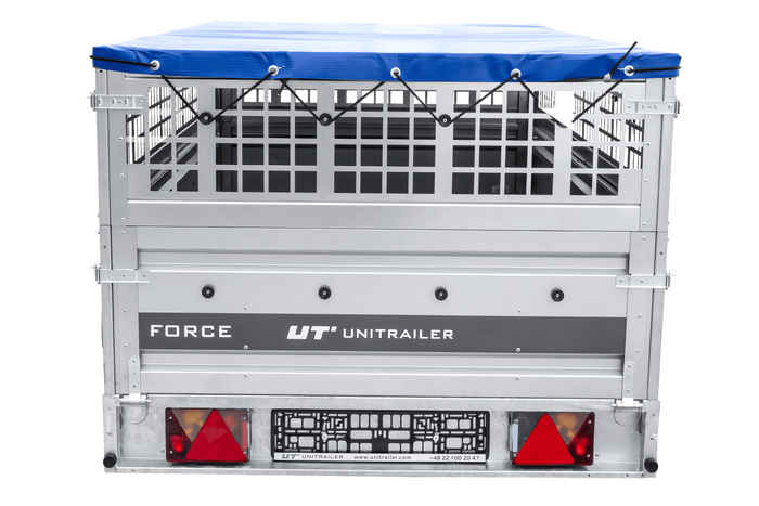 Enkelassige aanhanger op veren 264x125 UNITRAILER FORCE 264/R KIPP met gaaswanden, H-0 frame en blauw dekzeil