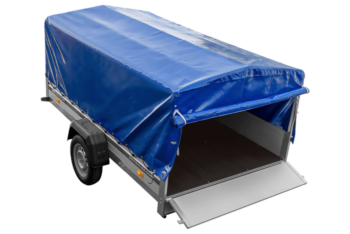 Enkelassige aanhanger met aluminium zijwanden 264x150 Unitrailer Garden 265 KIPP ALU met H-800 frame en blauwe afdekking