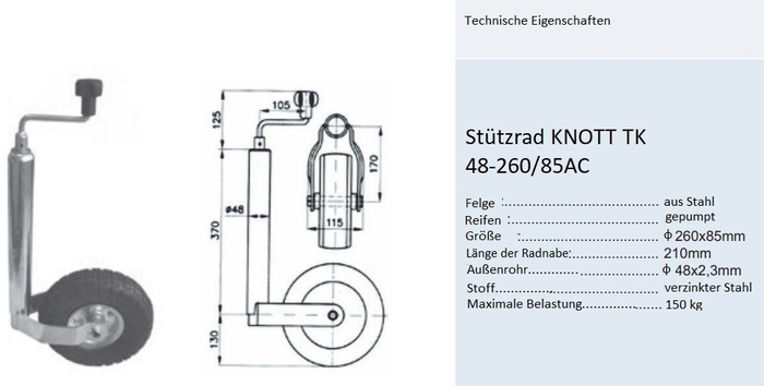 KNOTT TK48 steunwiel, pneumatisch wiel, 150 kg, 48 mm, 500-720 mm