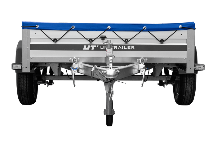 Enkelassige aanhanger op veren met aluminium zijwanden 200x125 Unitrailer Garden 201/R KIPP ALU met H-0 frame en blauwe afdekking