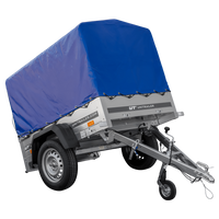 Lichte aanhangwagen Garden Trailer 150 KIPP met afmeting van 150x106 met blauwe zeil en huif MTM 750 KG 
