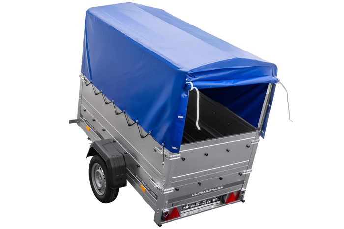 Autoaanhanger 200x106 UNITRAILER GARDEN 200 KIPP met BIS-zijwanden, H-800 frame en blauwe afdekking