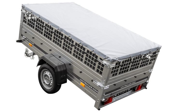 Enkelassige aanhanger 230x125 UNITRAILER GARDEN 230 KIPP met gaaswanden, H-0 frame en grijze afdekking
