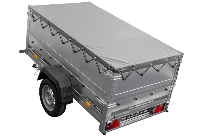 Aanhanger voor de Unitrailer GARDEN TRAILER 200 KIPP auto met steunwiel, twee zijkanten en een vlakke afdekking, grijs