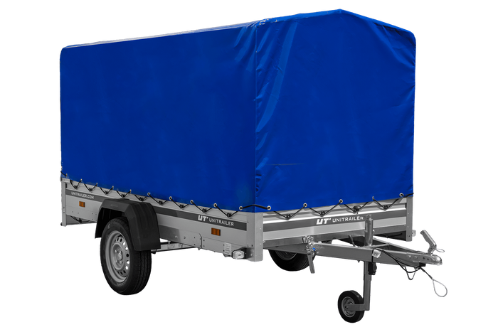 Autoaanhanger met aluminium zijwanden 264x125 Unitrailer Garden 264 KIPP ALU met H-1100 frame en blauwe afdekking
