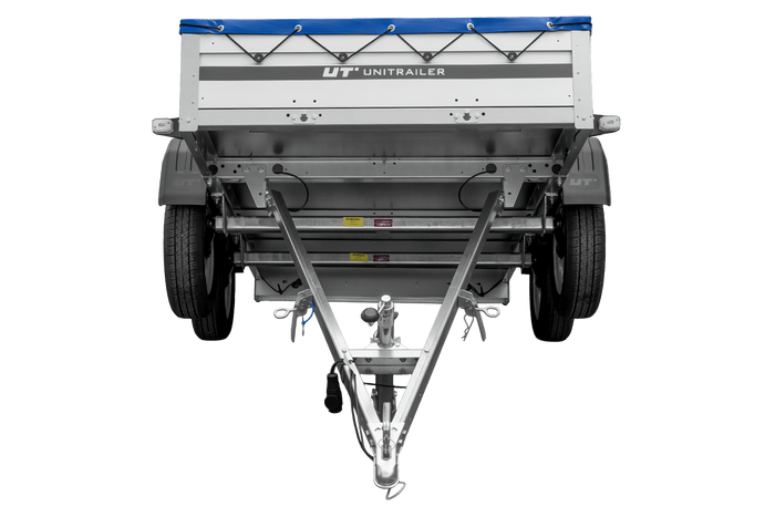 Tweeassige aanhanger met aluminium zijwanden 264x125 Unitrailer Garden 264/2 KIPP ALU met H-0 frame en blauwe afdekking