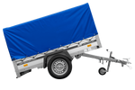 Autoaanhanger op veren met aluminium zijwanden 200x125 Unitrailer Garden 201/R KIPP ALU met H-800 frame en blauwe afdekking