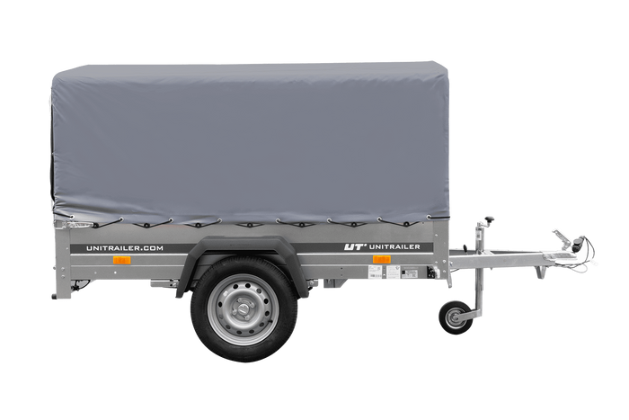 Enkelassige aanhangwagen op veren 200x125 UNITRAILER GARDEN 201/R KIPP met H-800 frame en grijs zeil
