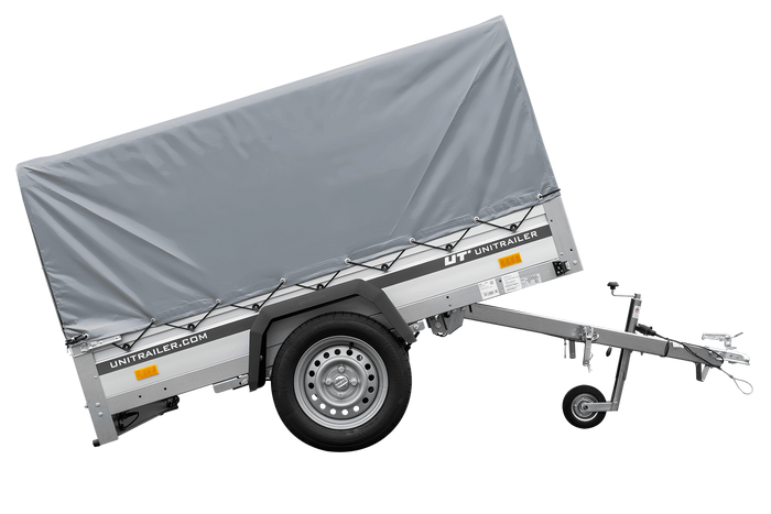 Autoaanhanger op veren met aluminium zijwanden 200x125 Unitrailer Garden 201/R KIPP ALU met H-800 frame en grijze afdekking