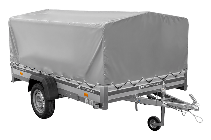 Enkelassige aanhanger met aluminium zijwanden 264x150 Unitrailer Garden 265 KIPP ALU met H-800 frame en grijze afdekking