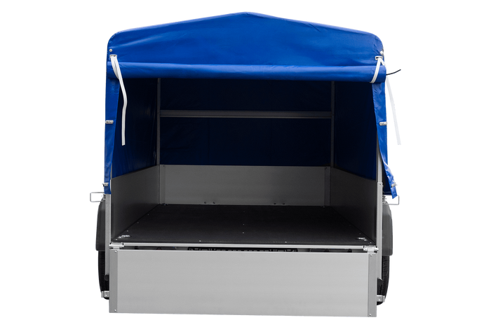 Enkelassige aanhanger op veren met aluminium zijwanden 230x125 Unitrailer Garden 230/R KIPP ALU met H-800 frame en blauwe afdekking