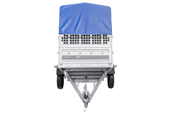 Enkelassige aanhanger 230x125 UNITRAILER FORCE 230 KIPP met gaaswanden, H-0 frame en blauwe afdekking.
