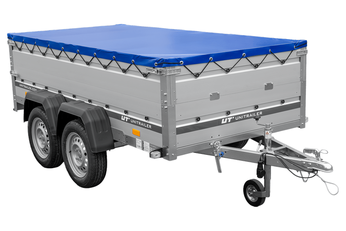 Tweeassige aanhanger met aluminium zijwanden 264x125 Unitrailer Garden 264/2 KIPP ALU met BIS-zijwanden, H-0 frame en blauwe afdekking