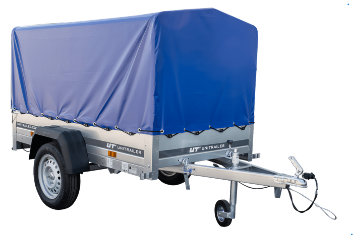 Enkelassige aanhanger 200x106 UNITRAILER GARDEN 200 KIPP met H-800 frame en blauw dekzeil