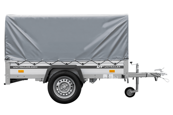 Autoaanhanger op veren met aluminium zijwanden 200x125 Unitrailer Garden 201/R KIPP ALU met H-800 frame en grijze afdekking