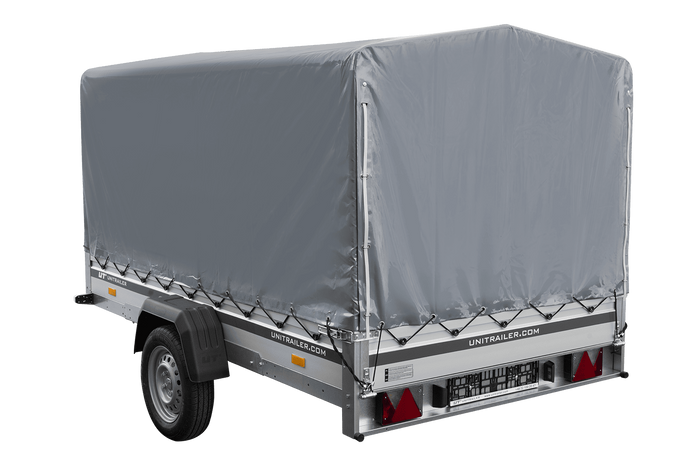 Autoaanhanger met aluminium zijwanden 264x150 Unitrailer Garden 265 KIPP ALU met H-1100 frame en grijze afdekking