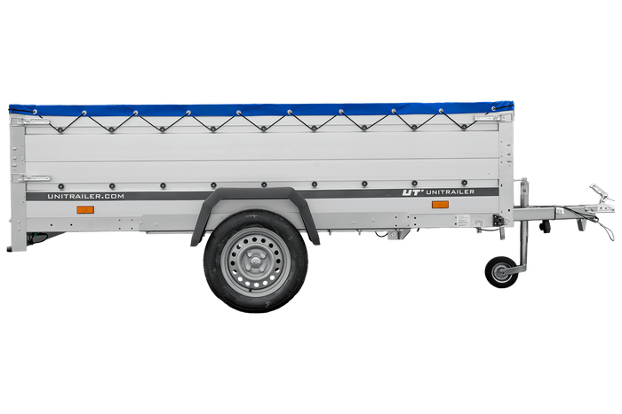 Enkelassige aanhanger met aluminium zijwanden 264x125 Unitrailer Garden 264 KIPP ALU met BIS-zijwanden, H-0 frame en blauwe afdekking