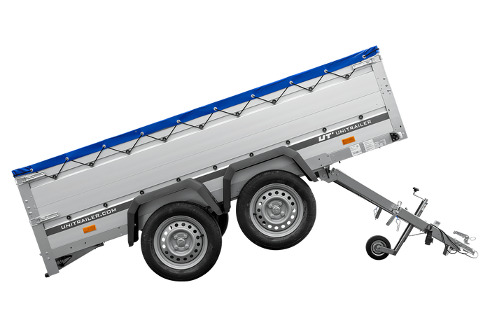 Tweeassige aanhanger met aluminium zijwanden 264x125 Unitrailer Garden 264/2 KIPP ALU met BIS-zijwanden, H-0 frame en blauwe afdekking