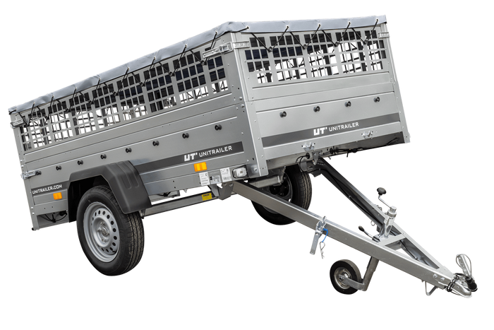 Kipper aanhanger voor personenauto Unitrailer GARDEN TRAILER 230 KIPP met steunwiel, gaaszijwanden en grijze vlakke afdekking op frame