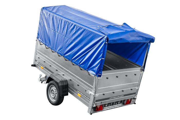 Lichte aanhanger 230x125 UNITRAILER GARDEN 230 KIPP met BIS-zijwanden, H-800 frame en blauwe afdekking