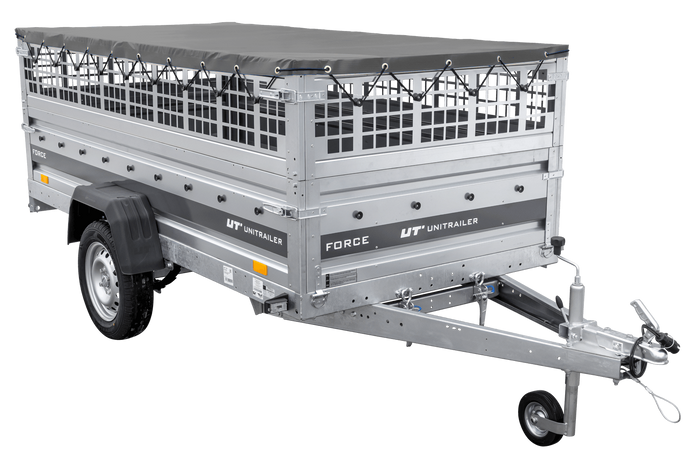 Enkelassige aanhanger op veren 264x125 UNITRAILER FORCE 264/R KIPP met gaaswanden, H-0 frame en grijs dekzeil