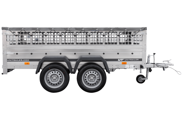 Lichte aanhanger 264x150 UNITRAILER GARDEN 265/2 KIPP met gaaswanden, H-0 frame en grijze afdekking